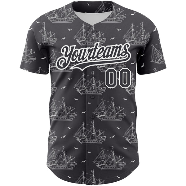 Custom Steel Gray White 3D Pattern Design Ship Frigate With Seagulls Authentic Baseball Jersey alternate