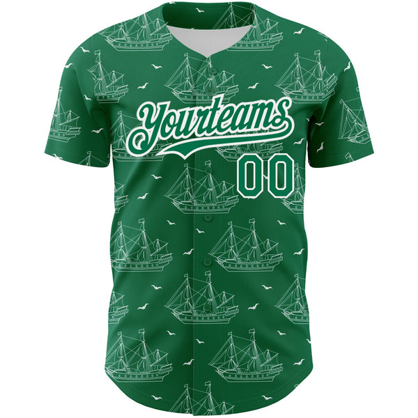 Custom Kelly Green White 3D Pattern Design Ship Frigate With Seagulls Authentic Baseball Jersey alternate