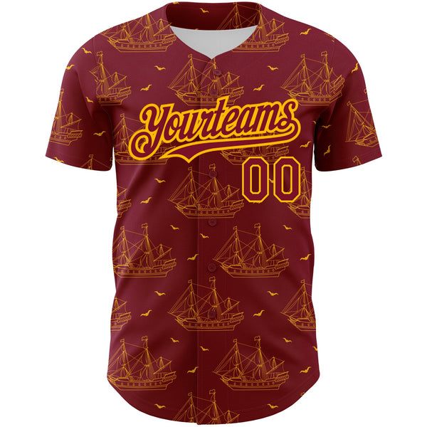 Custom Crimson Gold 3D Pattern Design Ship Frigate With Seagulls Authentic Baseball Jersey alternate