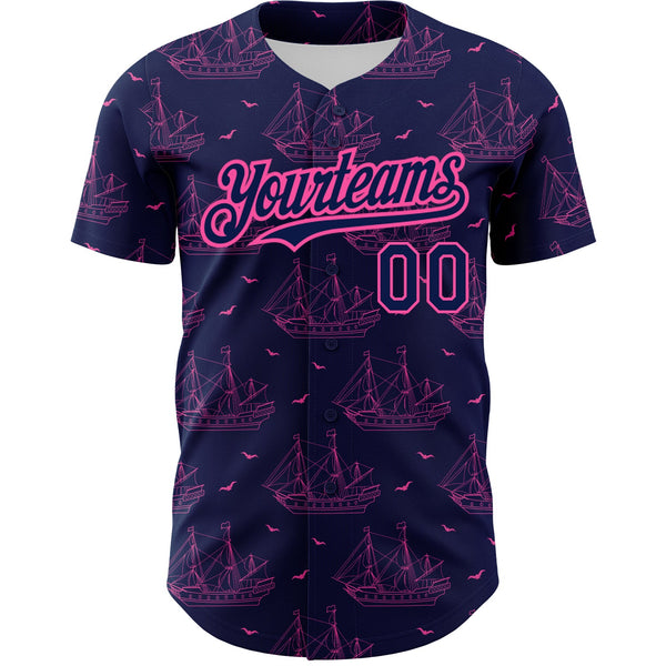 Custom Navy Pink 3D Pattern Design Ship Frigate With Seagulls Authentic Baseball Jersey alternate