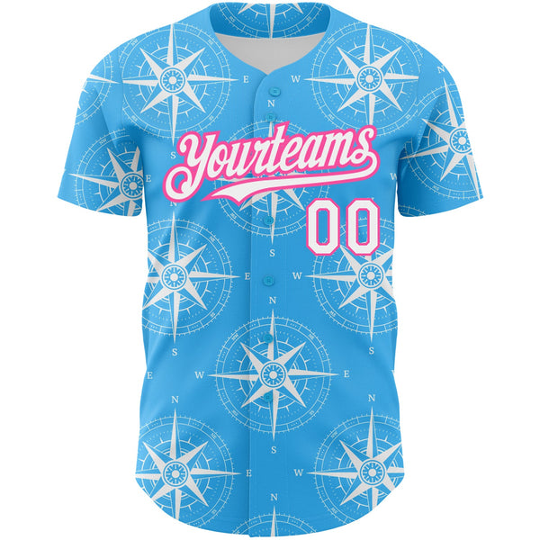 Custom Sky Blue White-Pink 3D Pattern Design Navigation Compass Authentic Baseball Jersey alternate