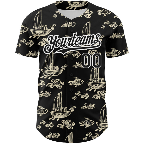 Custom Black White 3D Pattern Design Boats And Fish Authentic Baseball Jersey alternate