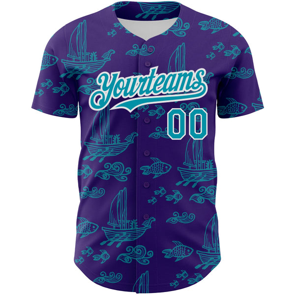 Custom Purple Teal-White 3D Pattern Design Boats And Fish Authentic Baseball Jersey alternate