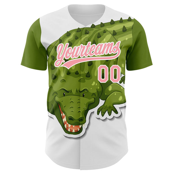 Custom White Medium Pink 3D Pattern Design Cartoon Crocodile Authentic Baseball Jersey alternate