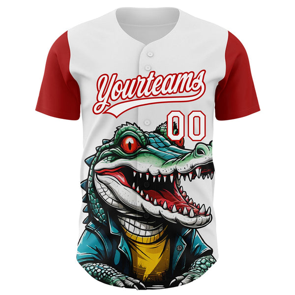 Custom White Red 3D Pattern Design Cartoon Crocodile Authentic Baseball Jersey alternate