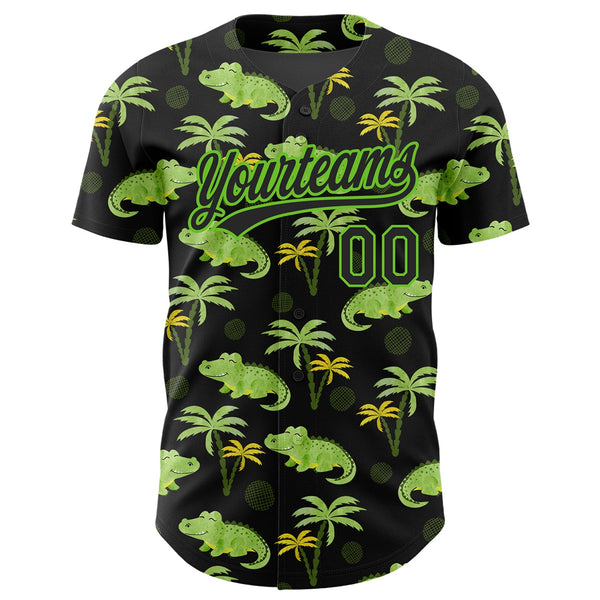 Custom Black Aurora Green 3D Pattern Design Crocodile And Tropical Hawaii Palm Trees Authentic Baseball Jersey alternate