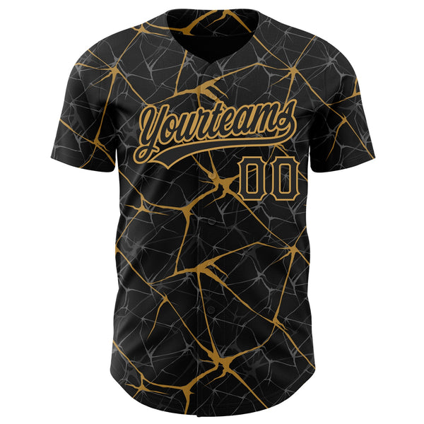Custom Black Old Gold 3D Pattern Design Abstract Network Authentic Baseball Jersey alternate