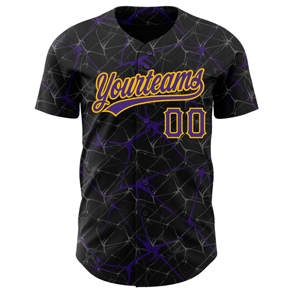 Custom Black Purple-Gold 3D Pattern Design Abstract Network Authentic Baseball Jersey alternate