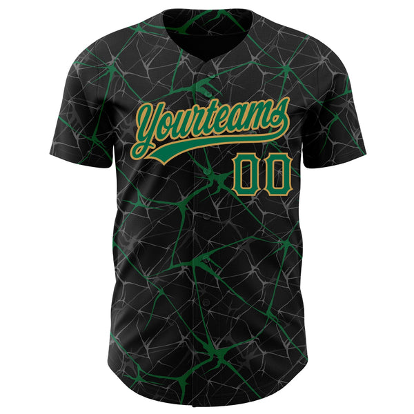 Custom Black Kelly Green-Old Gold 3D Pattern Design Abstract Network Authentic Baseball Jersey alternate