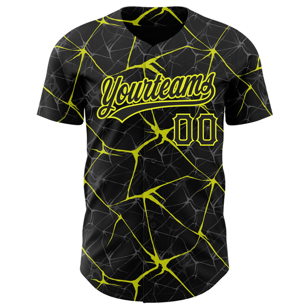 Custom Black Neon Yellow 3D Pattern Design Abstract Network Authentic Baseball Jersey alternate