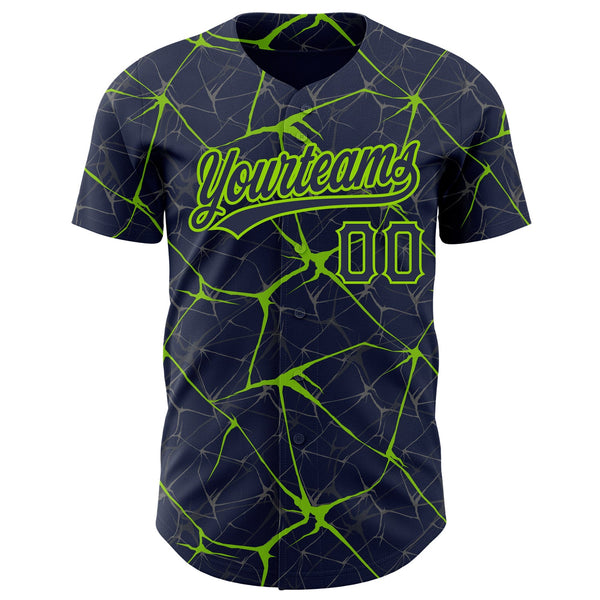Custom Navy Neon Green 3D Pattern Design Abstract Network Authentic Baseball Jersey alternate