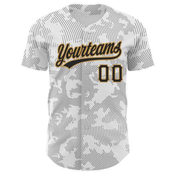 Custom White Black-Old Gold 3D Pattern Design Curve Lines Authentic Baseball Jersey alternate