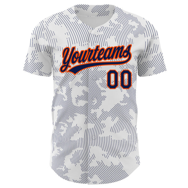 Custom White Navy-Orange 3D Pattern Design Curve Lines Authentic Baseball Jersey alternate