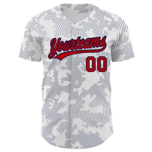 Custom White Red-Navy 3D Pattern Design Curve Lines Authentic Baseball Jersey alternate