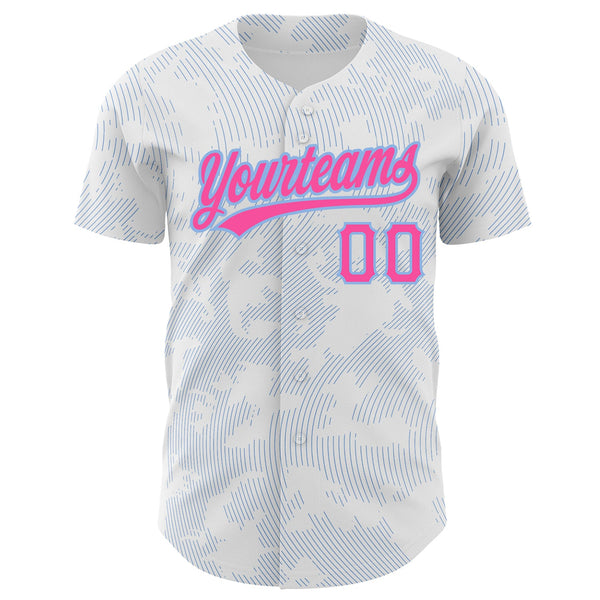 Custom White Pink-Light Blue 3D Pattern Design Curve Lines Authentic Baseball Jersey alternate
