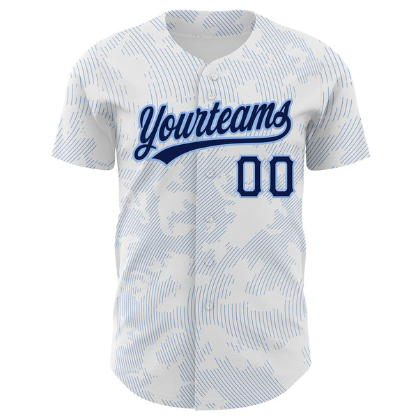 Custom White Navy-Light Blue 3D Pattern Design Curve Lines Authentic Baseball Jersey alternate