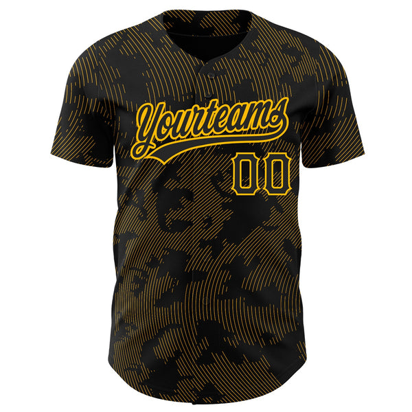 Custom Black Gold 3D Pattern Design Curve Lines Authentic Baseball Jersey alternate