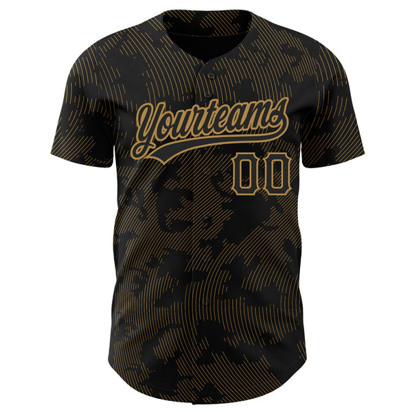 Custom Black Old Gold 3D Pattern Design Curve Lines Authentic Baseball Jersey alternate