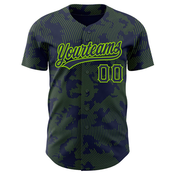 Custom Navy Neon Green 3D Pattern Design Curve Lines Authentic Baseball Jersey alternate