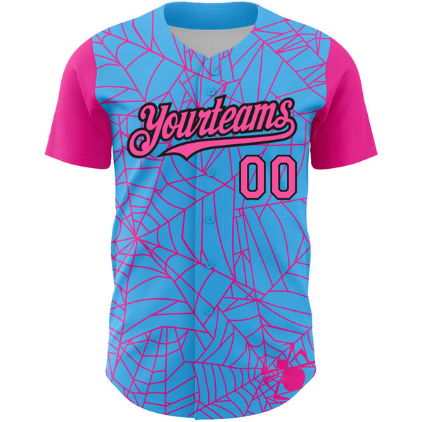 Custom Sky Blue Pink-Black 3D Pattern Design Spider Web Authentic Baseball Jersey alternate