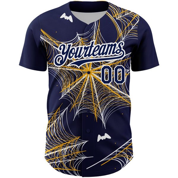 Custom Navy Gold-White 3D Pattern Design Spider Web Authentic Baseball Jersey alternate