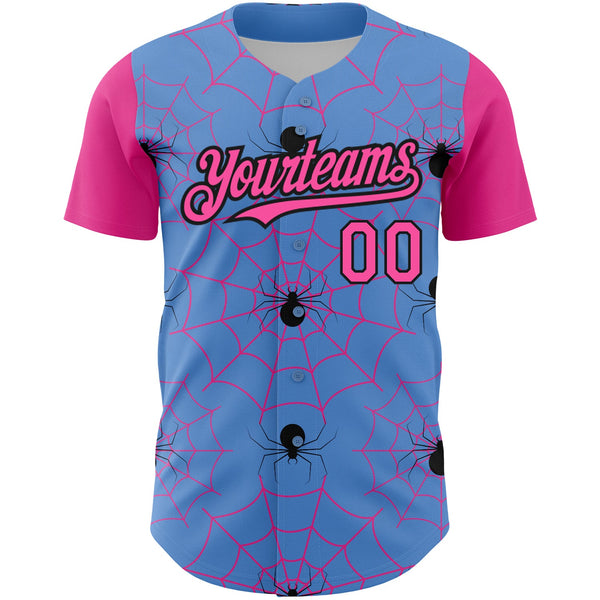 Custom Light Blue Pink-Black 3D Pattern Design Spider Web Authentic Baseball Jersey alternate