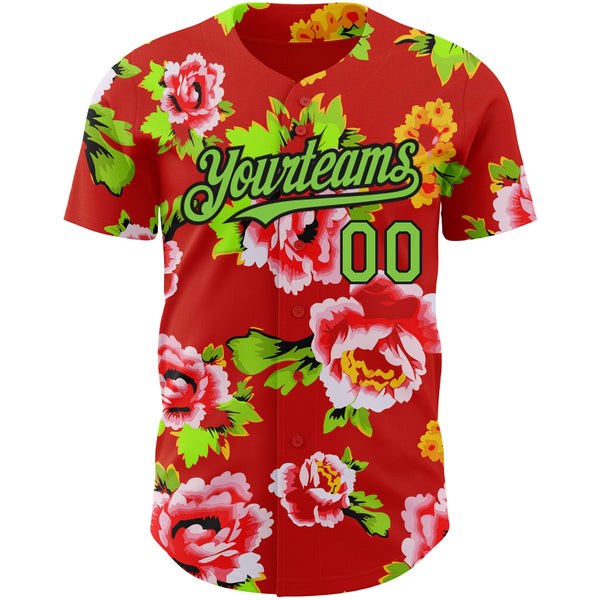 Custom Red Neon Green-Black 3D Pattern Design Northeast China Big Flower Authentic Baseball Jersey alternate