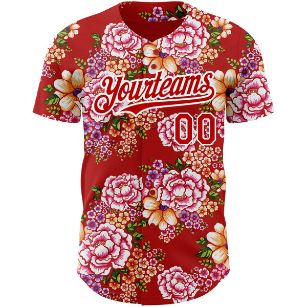 Custom Red White 3D Pattern Design Northeast China Big Flower Authentic Baseball Jersey alternate