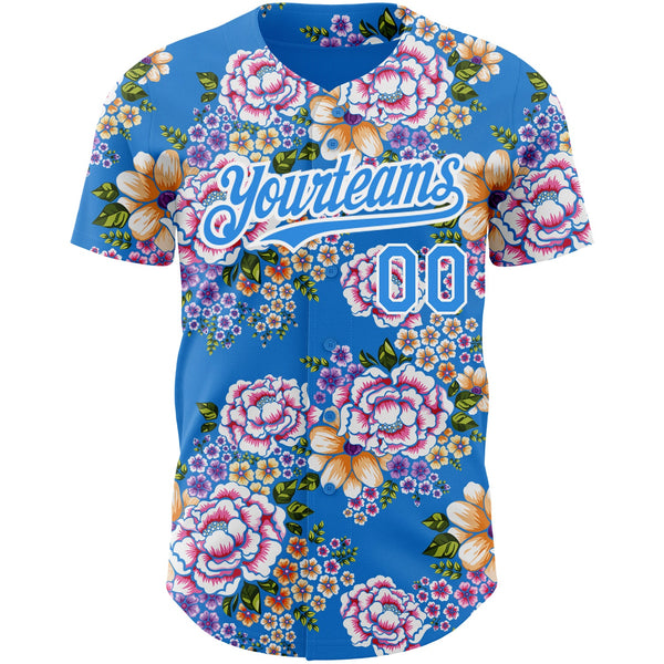 Custom Electric Blue White 3D Pattern Design Northeast China Big Flower Authentic Baseball Jersey alternate