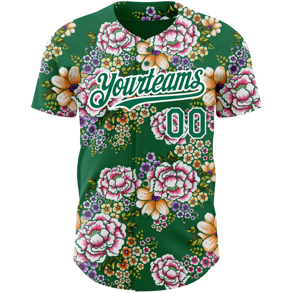 Custom Kelly Green White 3D Pattern Design Northeast China Big Flower Authentic Baseball Jersey alternate