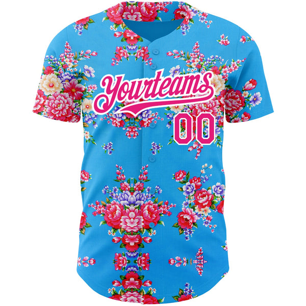 Custom Electric Blue Hot Pink-White 3D Pattern Design Northeast China Big Flower Authentic Baseball Jersey alternate