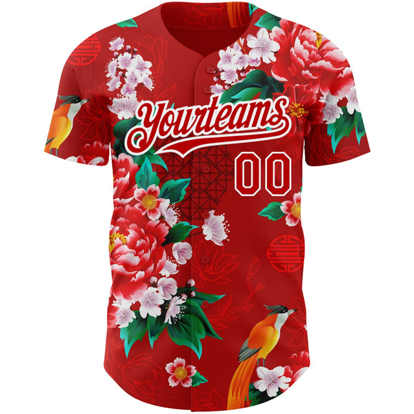Custom Red White 3D Pattern Design Northeast China Big Flower Authentic Baseball Jersey alternate