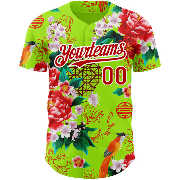 Custom Neon Green Red-White 3D Pattern Design Northeast China Big Flower Authentic Baseball Jersey alternate