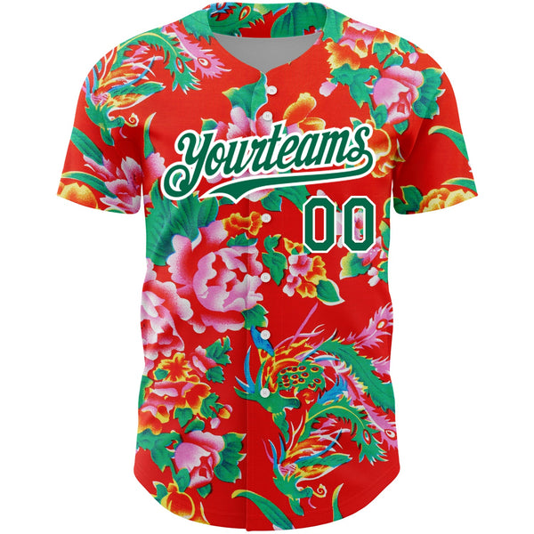 Custom Red Kelly Green-White 3D Pattern Design Northeast China Big Flower Authentic Baseball Jersey alternate