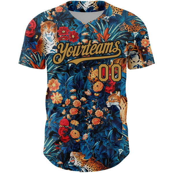 Custom Royal Old Gold-Black 3D Pattern Design Northeast China Big Flower And Leopard Authentic Baseball Jersey alternate