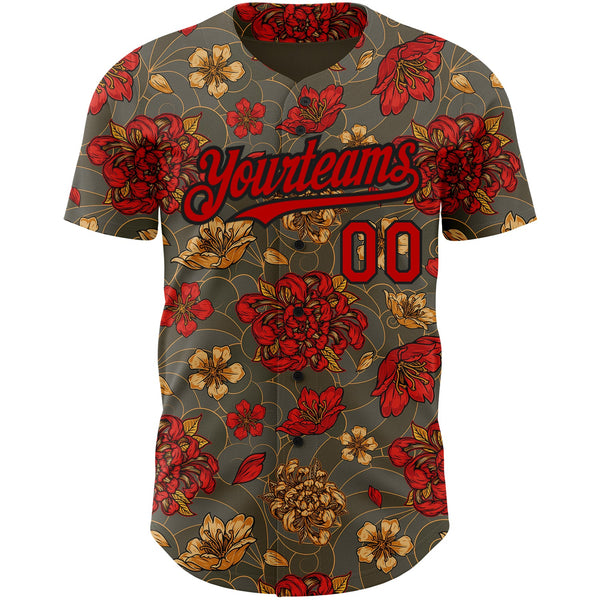 Custom Olive Red-Black 3D Pattern Design Northeast China Big Flower Authentic Baseball Jersey alternate