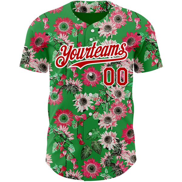 Custom Grass Green Red-White 3D Pattern Design Northeast China Big Flower Authentic Baseball Jersey alternate