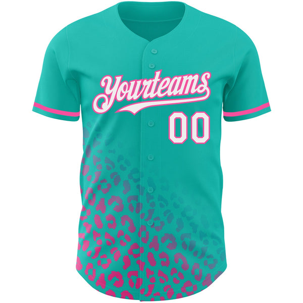 Custom Teal White-Pink 3D Pattern Design Leopard Print Fade Fashion Authentic Baseball Jersey alternate
