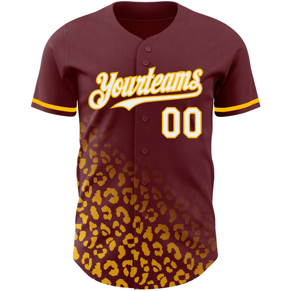 Custom Burgundy White-Gold 3D Pattern Design Leopard Print Fade Fashion Authentic Baseball Jersey alternate