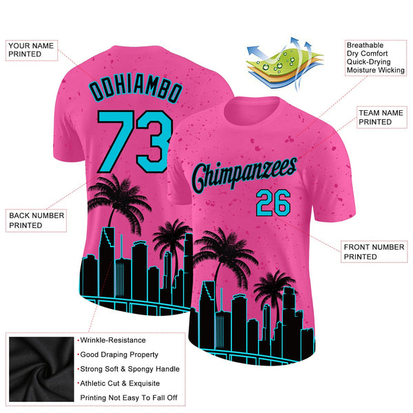 Custom Pink Lakes Blue-Black 3D Pattern Design Miami Palm Trees City Edition Performance T-Shirt alternate