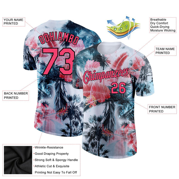 Custom White Neon Pink-Black 3D Pattern Design Hawaii Palm Trees Performance T-Shirt alternate