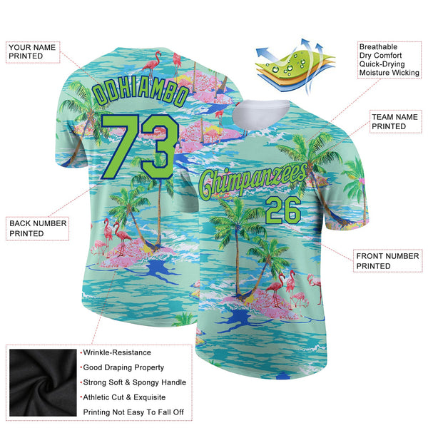 Custom Lakes Blue Neon Green-Navy 3D Pattern Design Beach Hawaii Palm Trees And Flamingo Performance T-Shirt alternate