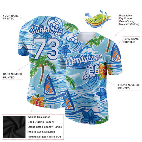 Custom White Royal 3D Pattern Design Beach Hawaii Palm Trees And Flowers Performance T-Shirt alternate