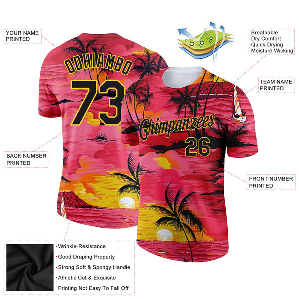 Custom Red Black-Gold 3D Pattern Design Sun Beach Hawaii Palm Trees Performance T-Shirt alternate
