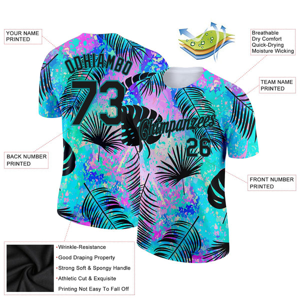 Custom Teal Black 3D Pattern Design Hawaii Palm Leaves Performance T-Shirt alternate