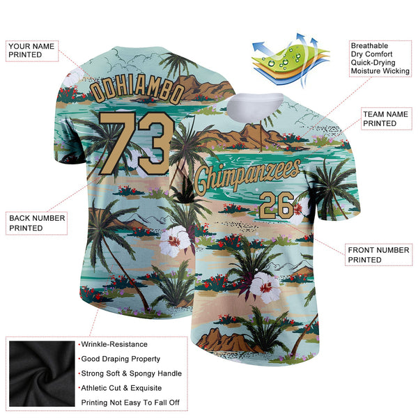 Custom Aqua Old Gold-Black 3D Pattern Design Hawaii Palm Trees And Flowers Performance T-Shirt alternate