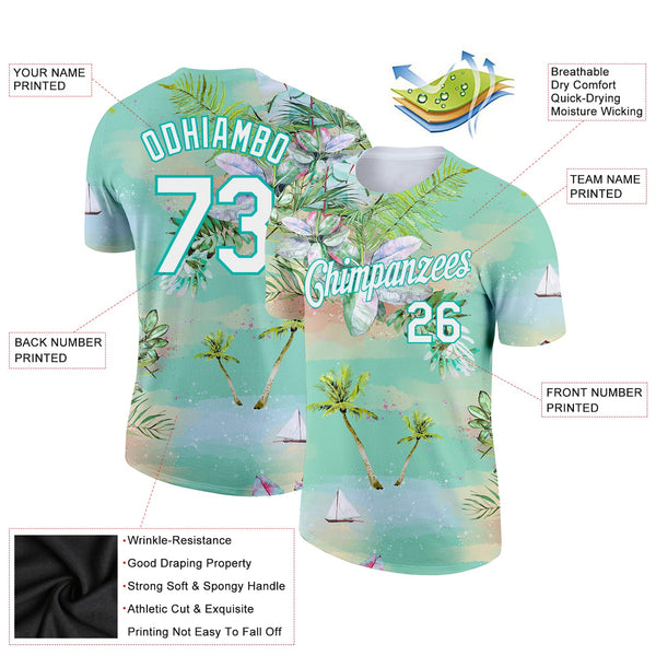 Custom Aqua White 3D Pattern Design Beach Hawaii Palm Trees Performance T-Shirt alternate