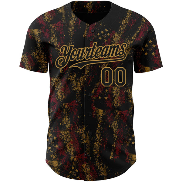 Custom Black Old Gold 3D American Flag Skull Patriotic Authentic Baseball Jersey alternate