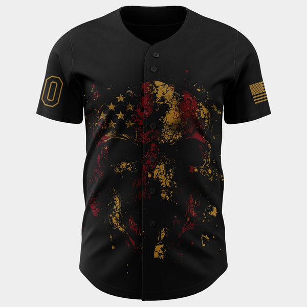 Custom Black Old Gold 3D American Flag Skull Patriotic Authentic Baseball Jersey alternate