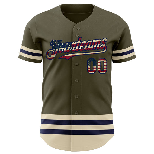 Custom Olive Vintage USA Flag Navy-Cream Line Authentic Salute To Service Baseball Jersey alternate